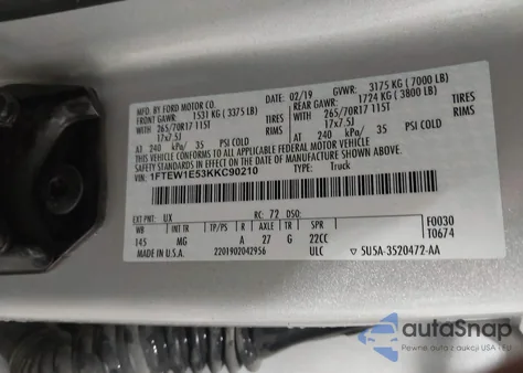 2019 Ford F-150 Xlt из США, поврежденный, VIN 1FTEW1E53KKC90210